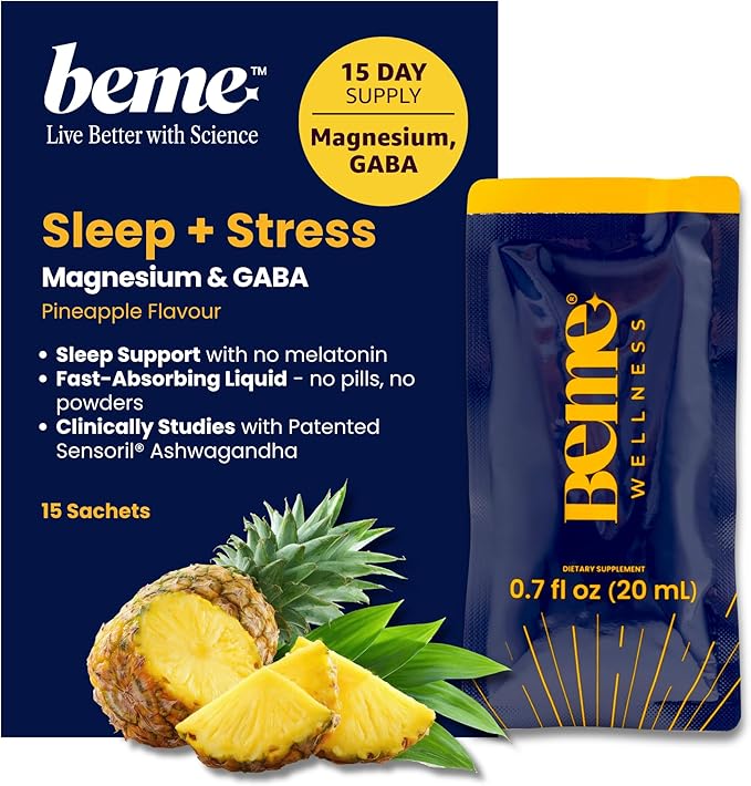 BeMe Magnesium Drink for Sleep - Melatonin-Free Magnesium for Sleep with Ashwagandha L-Theanine &amp GABA - Fast-Absorbing Calm Pineapple - 15 Sachets