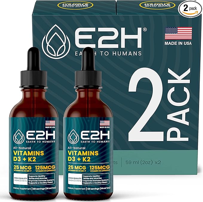 E2H EARTH TO HUMANS Vitamin D3 &amp K2 Supplement for Immune Support - Liquid Vitamin D3 5000 IU - Made in The USA | Non-GMO Vegan - (2 Bottles)