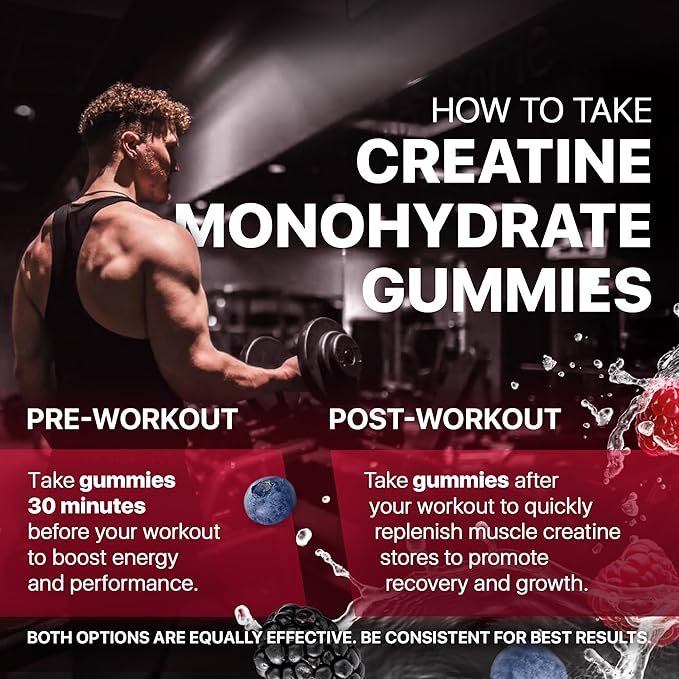 Creatine Monohydrate Gummies 5000 mg – Vegan Sugar-Free Pre Workout Creatine for Men &amp Women – Raspberry &amp BlackBerry Flavored Chewable Creatine Monohydrate 120 Gummies (30-Day Supply)