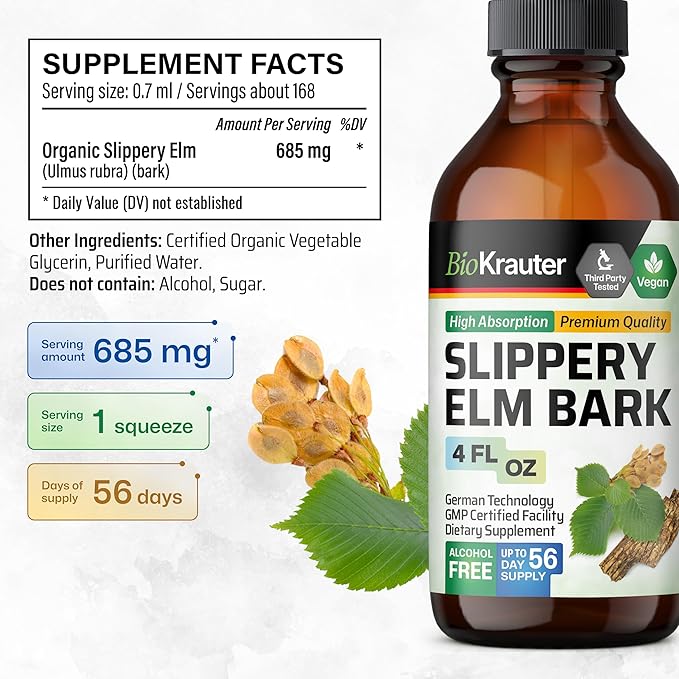 BIO KRAUTER Slippery Elm Tincture 4 Fl. Oz. &amp Milk Thistle 250 Capsules.