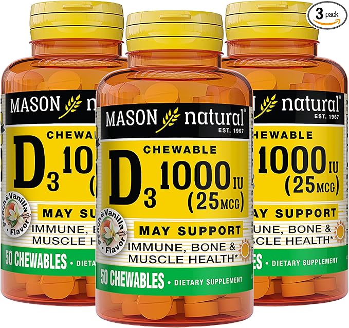 Mason Natural Vitamin D3 1000 IU (25 mcg) Peach Vanilla Chewable Tablets for Adults &amp Kids to Support Muscle Function 50-Day Supply (Pack of 3)