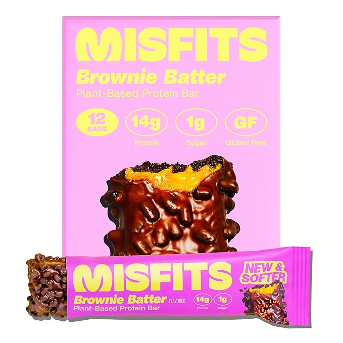 Misfits Vegan Protein Bars - Fudgey Brownie Batter| Nutrition Bars - 14g Protein 1g Sugar Plant-based Low Carb Non-GMO Gluten Free Snacks | Pack of 12