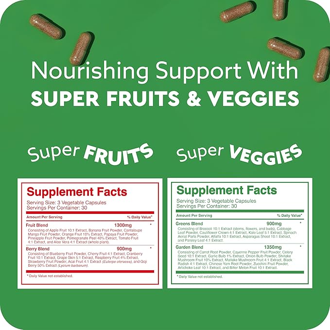 Feel Great Fruit and Vegetable Supplements | 20+ Super Reds &amp Greens for Natural Energy Support | Vegan Fruit and Veggie Vitamins | 2 Pack of 90 Count Each