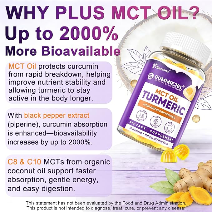 Turmeric Curcumin 1000mg/ 500mg with Ginger Gummies w/MCT Oil C8 C10 95% Turmeric Curcumin Supplement with Black Pepper Extract Support Mobility Comfort Antioxidant Energy Sugar Free 1Pack