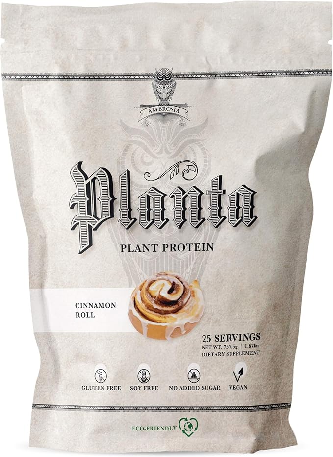 Ambrosia Planta - Plant-Based Protein Powder 20g | Dairy Free Vegan Protein Powder with BCAA Amino Acids | Keto-Friendly No Added Sugar | 25 Servings | Cinnamon Roll