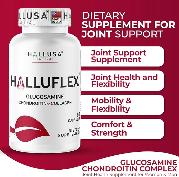 Hallusa Natural Halluflex Joint Support Supplement for Women &amp Men Glucosamine Chondroitin 2850mg 180 Capsules Plus Hydrolyzed Collagen Mobility Flexibility &amp Joint Health