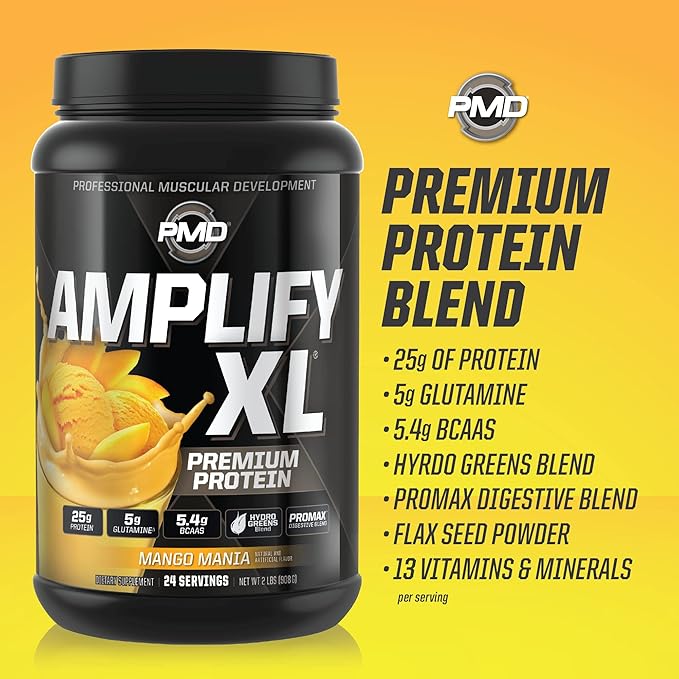 PMD Sports Amplify XL Premium Whey Protein Supplement Hydro Greens Blend - Glutamine and Whey Protein Matrix with Superfood for Muscle Strength and Recovery - Mango Mania (24 Servings)