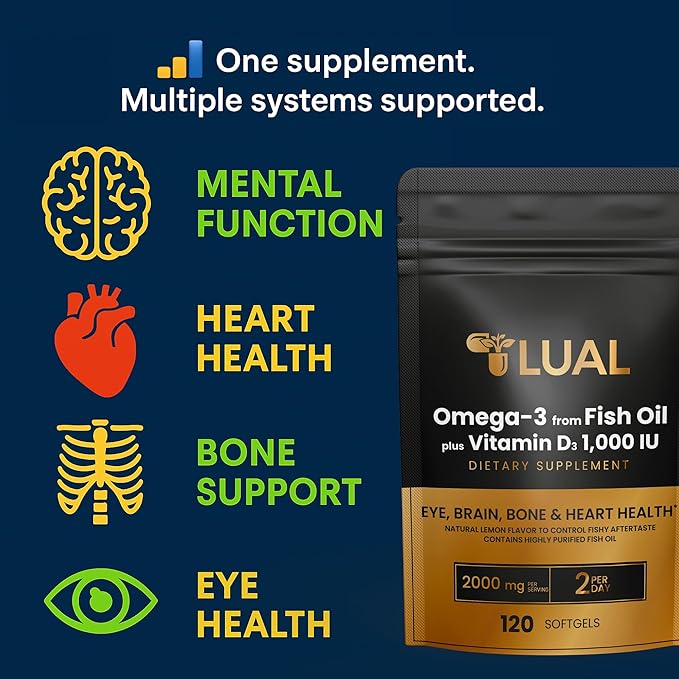 Omega-3 from Fish Oil 2000 mg for Eye Brain Bone &amp Heart Health Dietary Supplement Softgels 120 Count (120 Count)