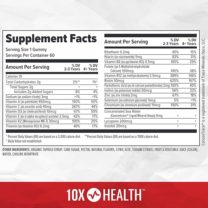 10X Health Children’s Methylated Multivitamin Gummies - 60 Count Kids Multivitamin Gummies Complete Daily Nutrition - Immunity Bones &amp Energy - Strawberry Watermelon Flavor