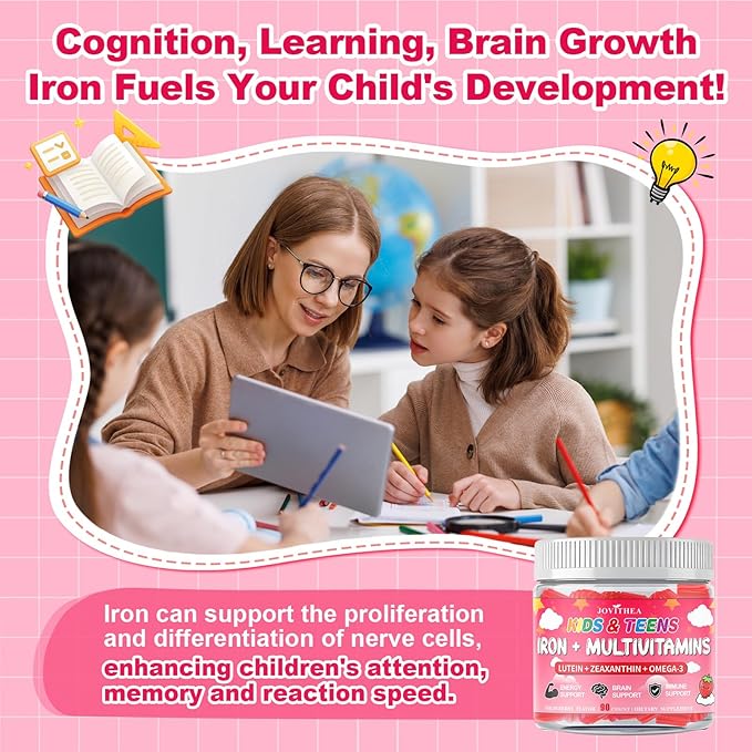 180 Count | Iron Gummies for Kids Kids Multivitamin with Calcium Zinc Folate Omega-3 &amp Lutein Support Energy Immnity Iron Deficiency Anemia &amp Brain Health Vegan Sugar-Free Strawberr
