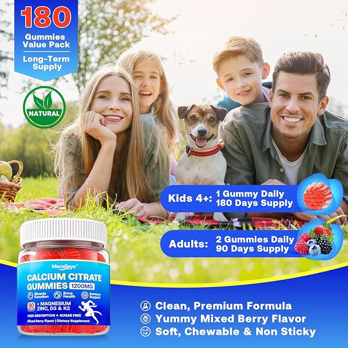 180 Count Calcium Citrate Gummies 1200 mg with Vitamin D3 K2 Magnesium &amp Zinc High Absorption Calcium Supplements for Women &amp Men for B0ne Muscle &amp Immune Support Sugar Free Mixed Be