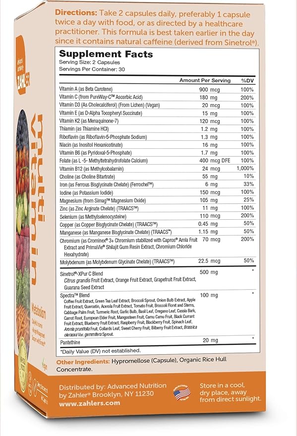 Zahler Multivitamin Metabolism + Weight Management Support for Women and Men with Iron Certified Kosher 60 Capsules