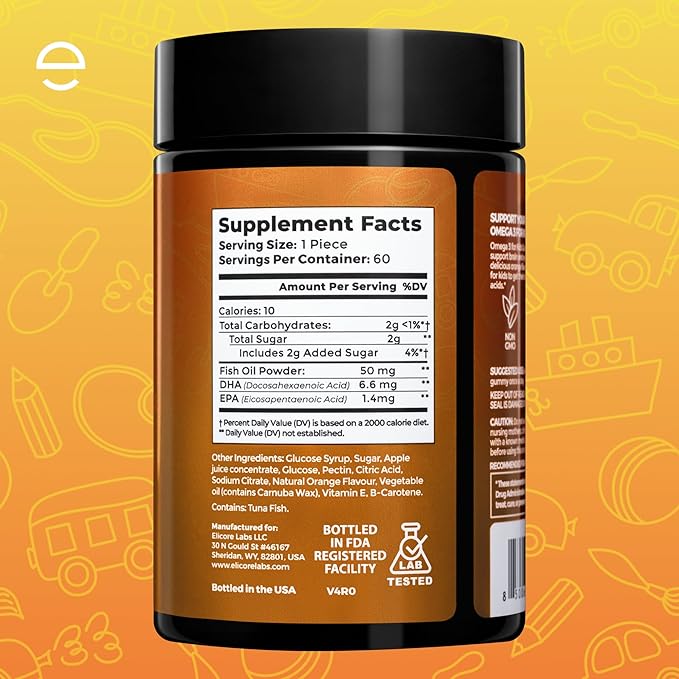 Premium Kids Omega 3 Gummies – Orange Flavor Fish Oil for Kids – Omega 3 Gummies for Children – No Fish Burps – Brain Eye &amp Immune Support – 2 Month Supply
