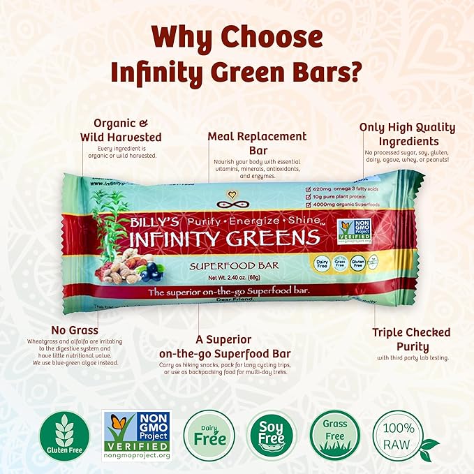 Infinity Greens Superfood Bars Plant Based Meal Replacement Bar with 4000mg Infinity Greens Superfood Powder Organic Raw Gluten Free Non GMO (12 Bars)