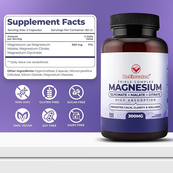Triple Magnesium Complex Supplement – 300mg Fast-Acting Magnesium Glycinate and Citrate Combo with Malate for Relaxation Sleep &amp Well-Being – Natural Vegan Non-GMO 120 Capsules (2 Pack)