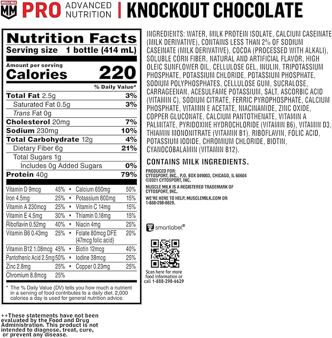 Muscle Milk Pro Advanced Nutrition Protein Shake Knockout Chocolate 14 Fl Oz Bottle 12 Pack 40g Protein 1g Sugar 16 Vitamins &amp Minerals 6g Fiber Workout Recovery Packaging May Vary