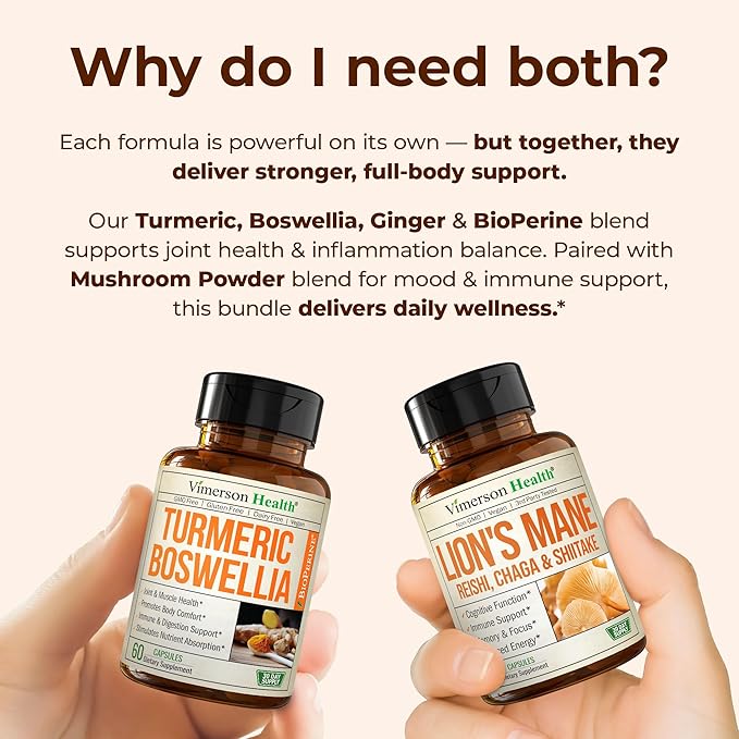 Boswellia Turmeric Curcumin Supplement + Lions Mane Supplement Capsules Bundle – for Joint Health Mood &amp Immune Support – with Ginger Organic Turmeric Powder Turkey Tail Shiitake Mushrooms &am