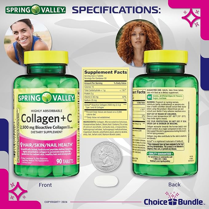Spring Valley Highly Absorbable Collagen + Vitamin C Tablets Hair Skin Nail Health 2500 mg 90 Ct 2 pk (180 Total) + Vitamin Vitality &amp Pill Container (4 Items)!