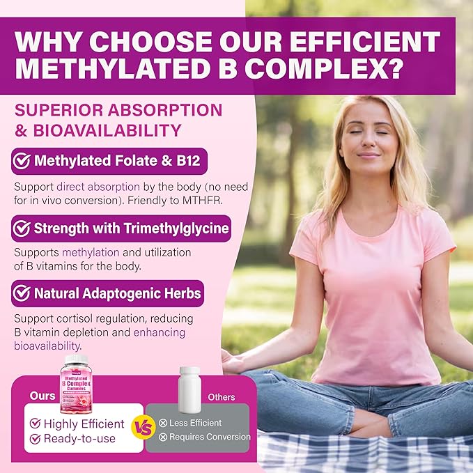 Methylated B Complex multivitamin for Women - Daily Vitamin B1 B2 B6 B12 Gummies with Folate Vitamin C Magnesium &amp Omega 3 - Supports for Immune &amp Over-All Health