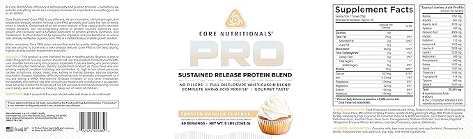 Core Nutritionals Pro Sustained Release Protein Blend Digestive Enzyme Blend 25G Protein 2G Carb 69 Servings (Frosted Vanilla Cupcake)