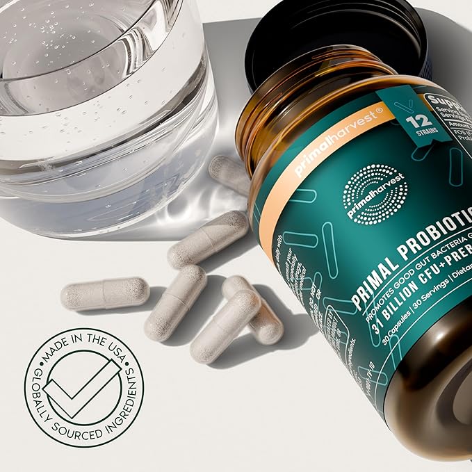 Primal Harvest Probiotics for Women &amp Men Daily Probiotic Supplement with 12 Strains for Gut &amp Digestive Health 30 Capsules