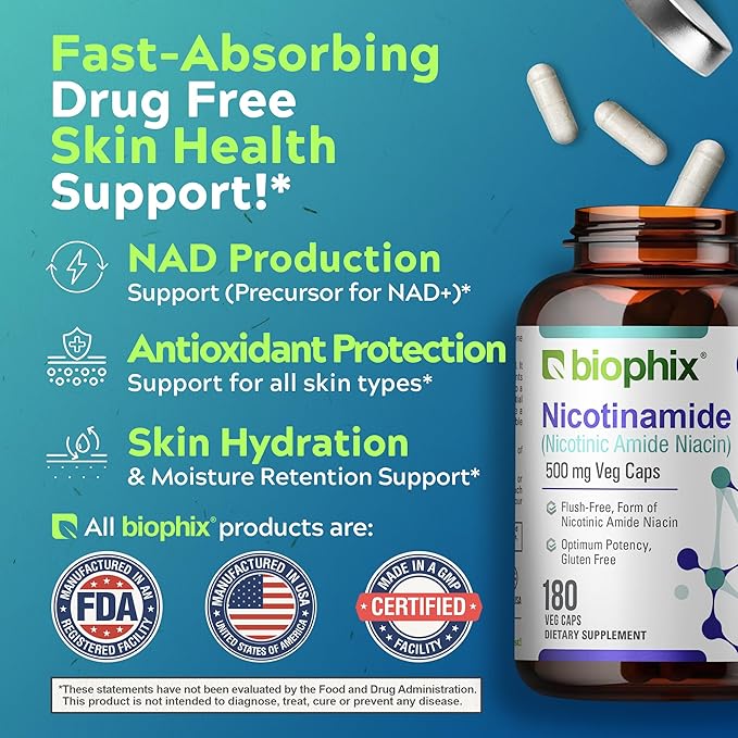 biophix B-3 Nicotinamide 500 mg 180 Vcaps Plus Free Vitamin D-3 5000 IU 30 Softgels - Nicotinic Amide Niacin Natural Flush-Free Vitamin Formula - Supports Skin Cell Health