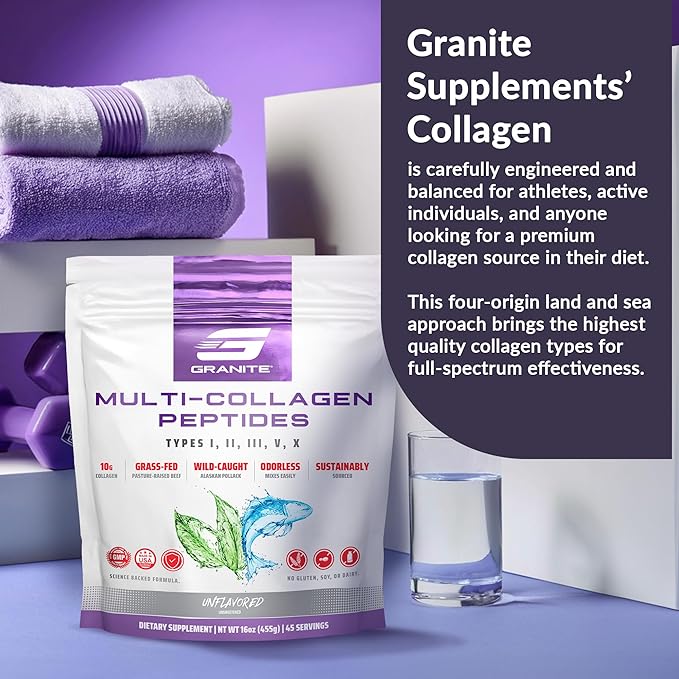Granite Supplements Collagen Peptides Powder - Hair Skin and Nails Vitamins with Type I II III V X Hydrolyzed Collagen Peptides for Nail Growth Bone Mobility &amp Joint Support (16oz)
