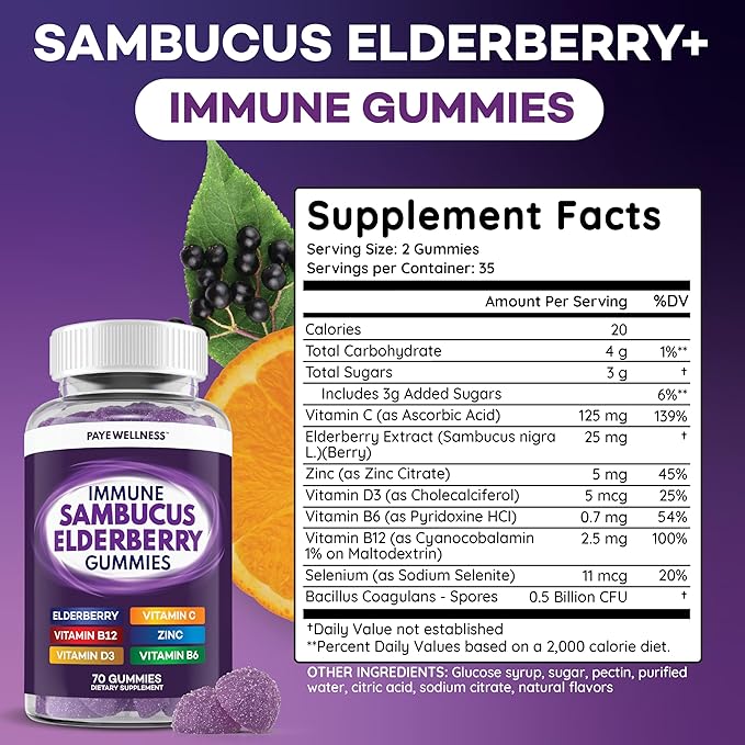 PAYÉ Elderberry Gummies Immune Support Daily Support for Kids and Adults* with Sambucus Elderberry Zinc Vitamin C D3 B6 B12 Plus - Dietary Supplement - 210 Count