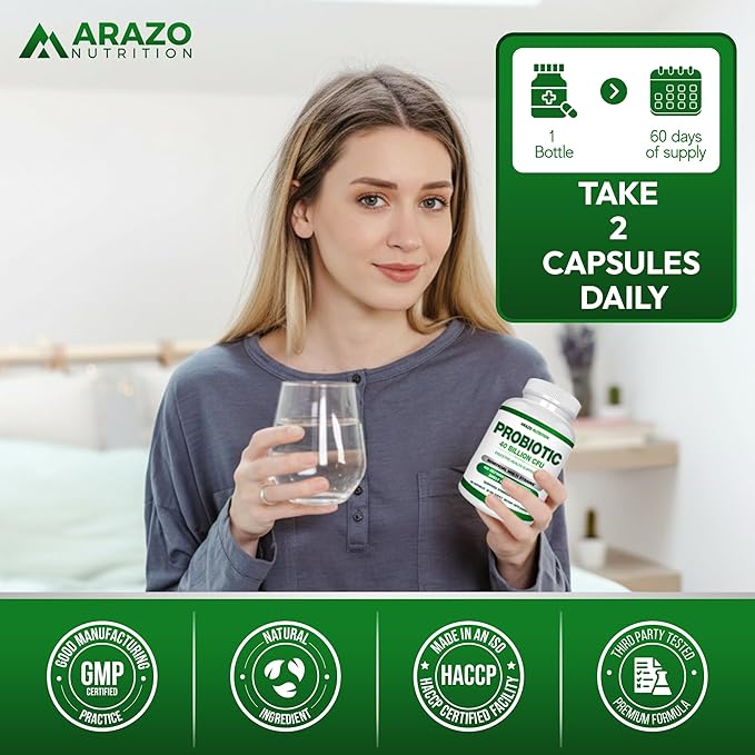 Arazo Nutrition Probiotic 40 Billion CFU - Shelf Stable with Prebiotics and Acidophilus - Stable Potency Until Expiration – Time Delay Release Probiotics (Pack of 2)