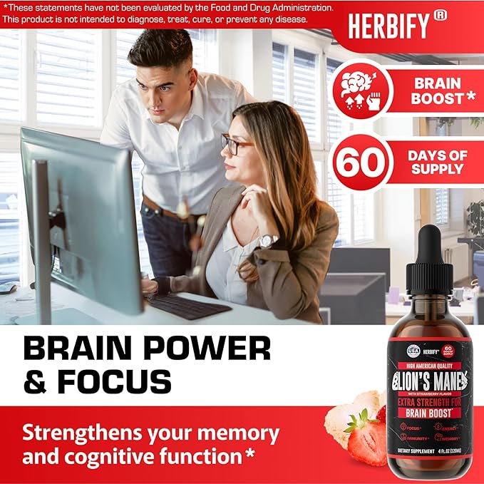 HERBIFY Lions Mane Supplement - Daily Mushroom Supplement for Memory Focus &amp Clarity - Brain Booster - Lions Mane Tincture for Immune Support - 4 Fl oz Strawberry Flavor