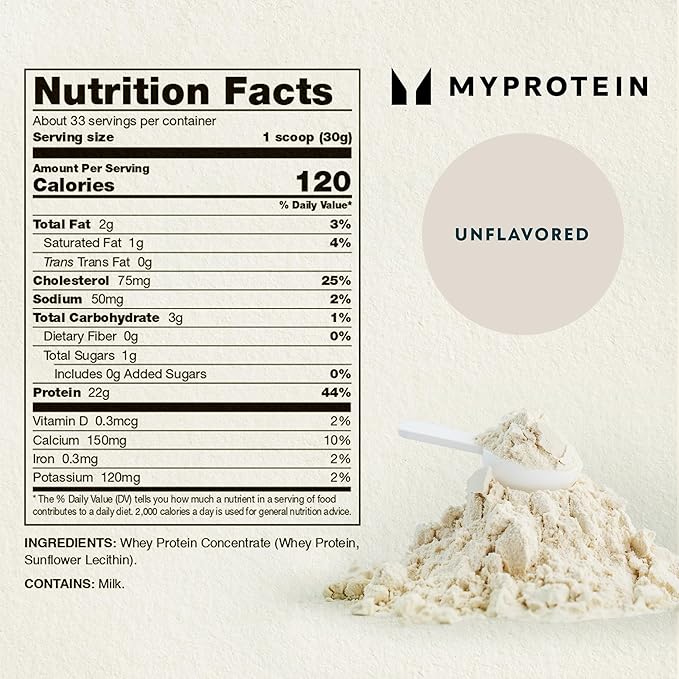 Myprotein Impact Whey Protein Powder 2.2 Lbs (33 Servings) Unflavored 22g Protein &amp 5g BCAA Per Serving Protein Shake for Superior Performance Muscle Strength &amp Recovery Gluten Free