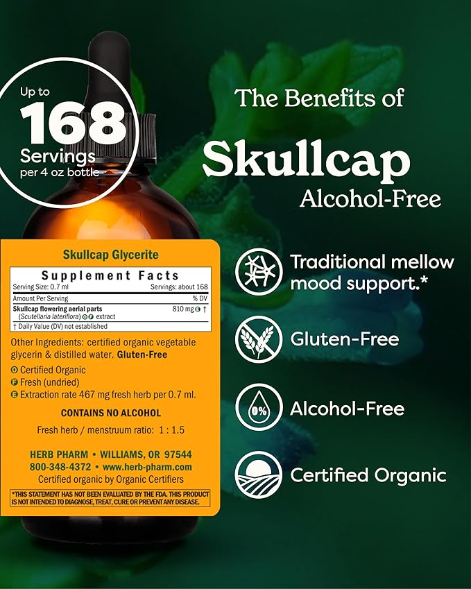 Herb Pharm Certified Organic Skullcap Liquid Extract for Nervous System Support Alcohol Free Glycerite 4 Ounce