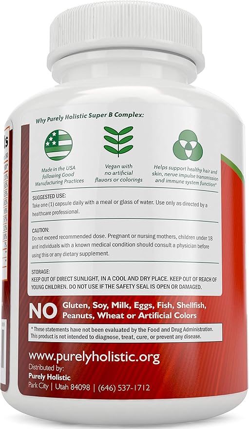 Purely Holistic Magnesium Glycinate 400mg + Super Vitamin B Complex - Vegan Bundle - 270 Tablets &amp 180 Capsules - Made in USA