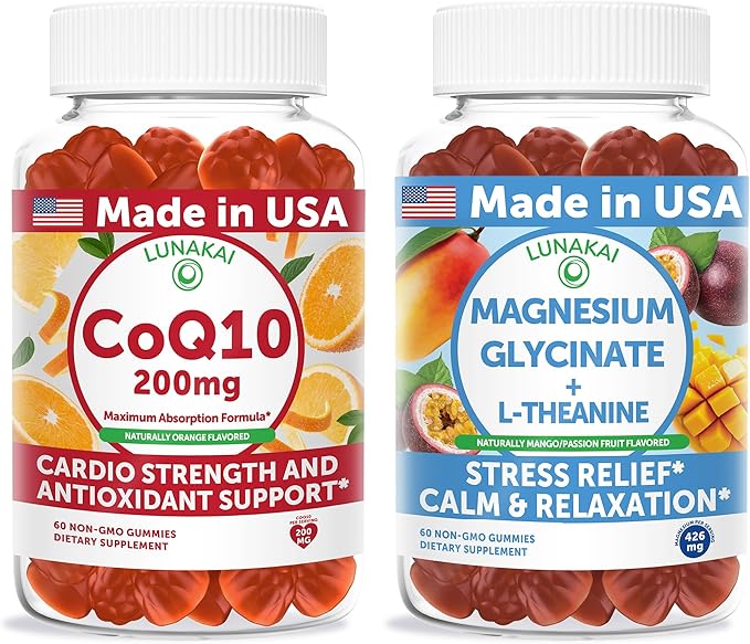 Lunakai USA Made CoQ10 200mg + Magnesium Glycinate with L-Theanine Gummies Bundle – Naturally Flavored Non-GMO – 60ct Each
