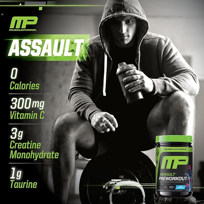 Muscle Pharm Combat 4lb Chocolate Protein and MusclePharm Assault Blue Raspberry Pre-Workout