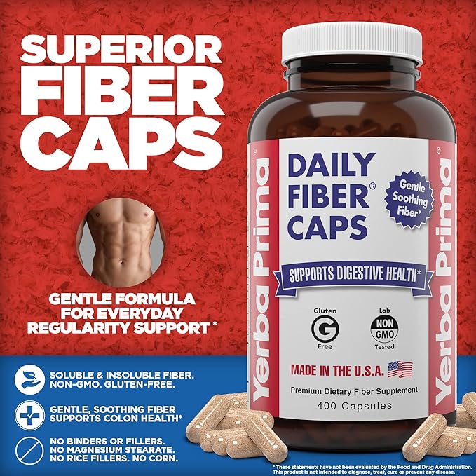 Yerba Prima Daily Fiber Caps Formula 400 Capsules - Both Soluble and Insoluble - with Psyllium Seed Husks Acacia Gum Apple Fiber and More - Dietary Supplement