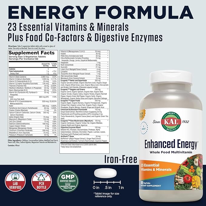 KAL® Enhanced Energy Multivitamin | Whole Food Based Vitamins &amp Minerals w/ Antioxidants Digestive Enzymes &amp Natural Carotenoids | 180 Capsules