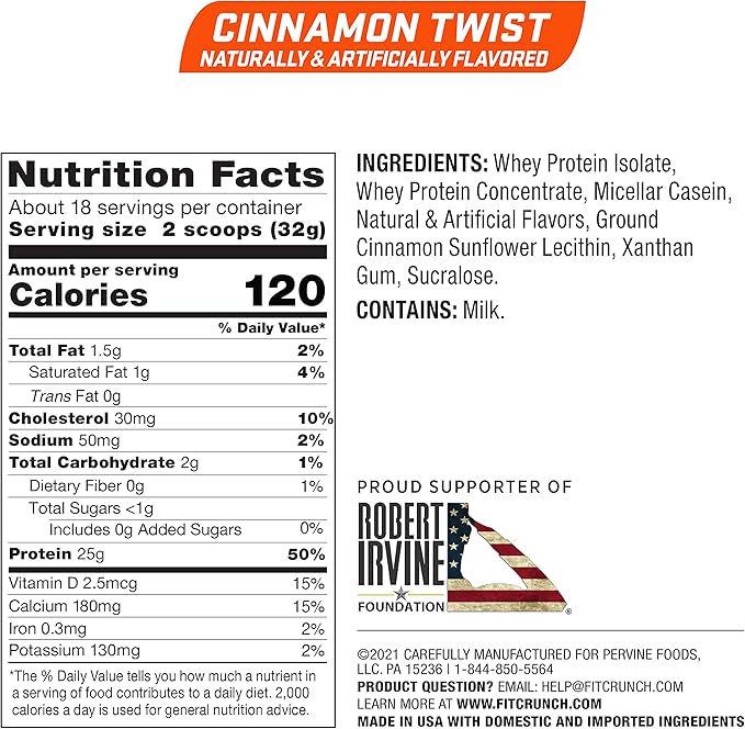 Fit Crunch Tri-Blend Whey Protein Keto Friendly Low Calories High Protein Gluten Free Soy Free (18 Servings Cinnamon Twist)