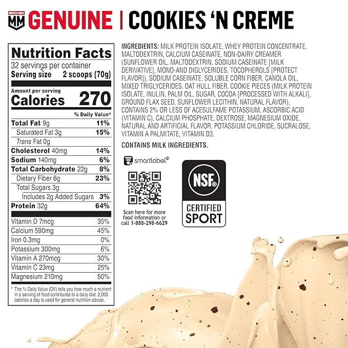 Muscle Milk Genuine Protein Powder Cookies 'n Crème 4.94 Pound 32 Servings 32g Protein 2g Sugar Calcium Vitamins A C &amp D NSF Certified for Sport Energizing Snack Packaging May Vary