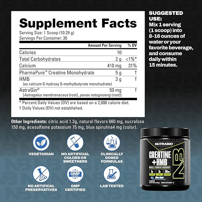NutraBio Creatine + HMB- Creatine Monohydrate with HMB Powder for Muscle Growth Increased Strength- 30 Servings (Blue Razz)