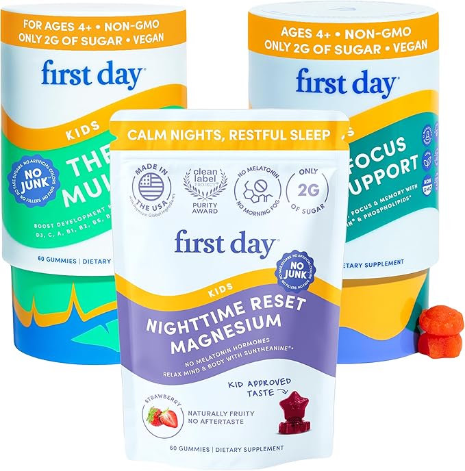 FIRST DAY Kids Calming Magnesium (Strawberries) Multivitamin (Strawberry &amp Orange) &amp Brain Focus (Peach) Gummies | Daily Nutrients Mood &amp Focus | Clean Label Project Verified® | Vegan |