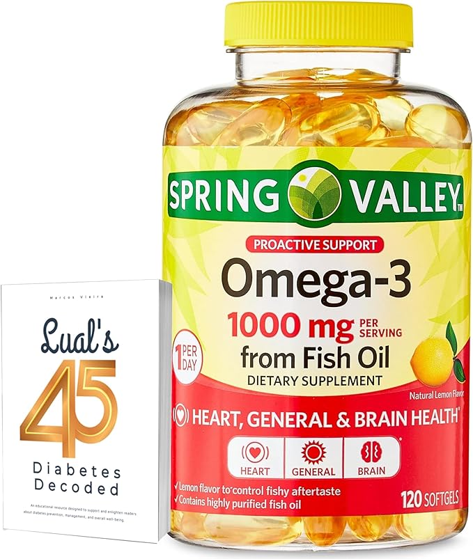 Omega-3 from Fish Oil Heart General &amp Brain Health Dietary Supplement Softgels 1000 mg 120 Count Bundle with Luall's 45 Diabetes Decoded