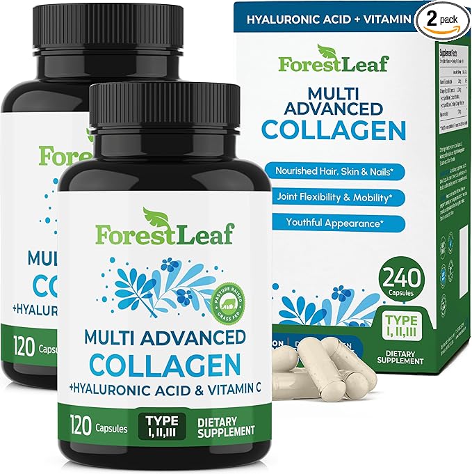 ForestLeaf Multi Collagen Pills with Hyaluronic Acid + Vitamin C | Hydrolyzed Collagen Supplements for Women or Men | Multi Collagen Capsules Peptides for Skin Wrinkles 240
