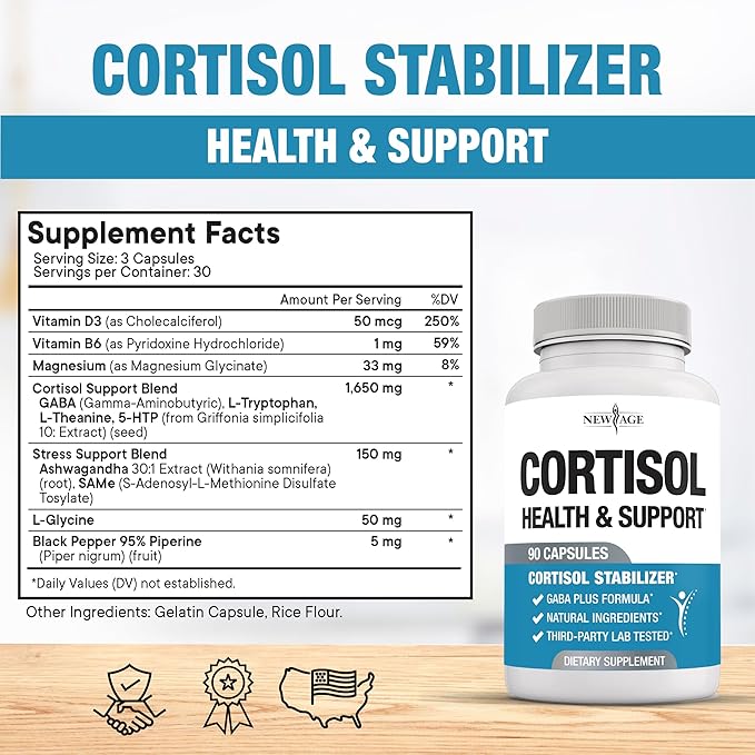 NEW AGE Cortisol Supplement for Women - Cortisol Detox Manager Reducer- Ashwagandha GABA 5 HTP L-Tryptophan L-Theanine - 90 Count