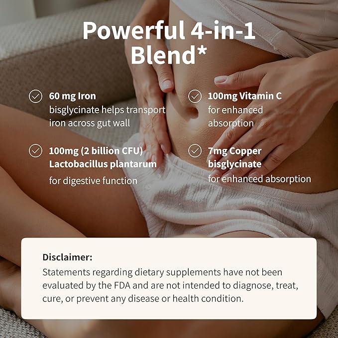 Nourished Natural Health ProbIron - Women's Probiotic + Iron Supplement Boosted with Vitamin C and Copper - Vegan Formula for Energy and Digestive Wellness - 180 Capsules
