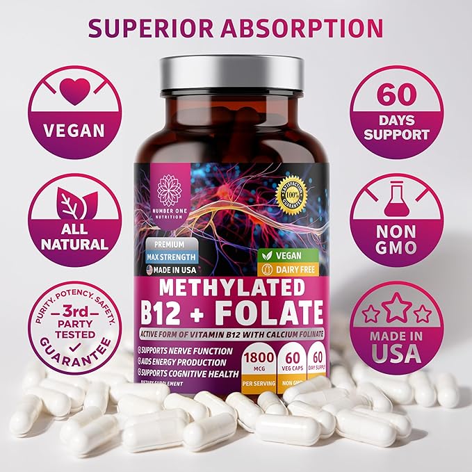 Number One Nutrition Premium Methylated B12 + Folate Supplement for Energy Cognition and Nerve Support 60 Vegan Capsules Non-GMO and Gluten-Free