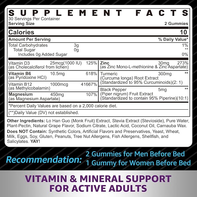 Zinc and Magnesium Supplement Zinc Magnesium Aspartate Post Workout Gummies for Men Women with Vitamin B6 B12 D3 Turmeric for Nighttime Recovery Reduce Fatigue Boost Immunity &amp Sleep 120 C