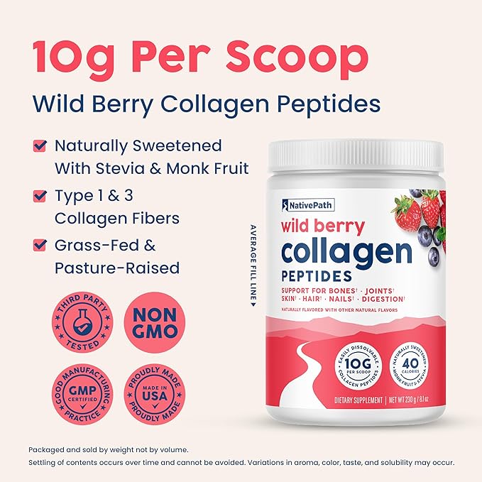 NativePath Wild Berry Collagen Peptides Powder - 10g Grass-Fed Type 1 &amp 3 23 Servings - for Hair Skin Nails &amp Joints - Keto &amp Paleo No Gluten No Dairy (8.1 oz)