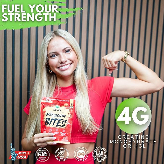 Nutrify Daily Creatine Gummies for Women and Men - 4g Creatine Monohydrate per Serving for Muscle Growth &amp Recovery - Sugar-Free Low-Calorie with Vitamin B12 for Energy Boost -Strawberry