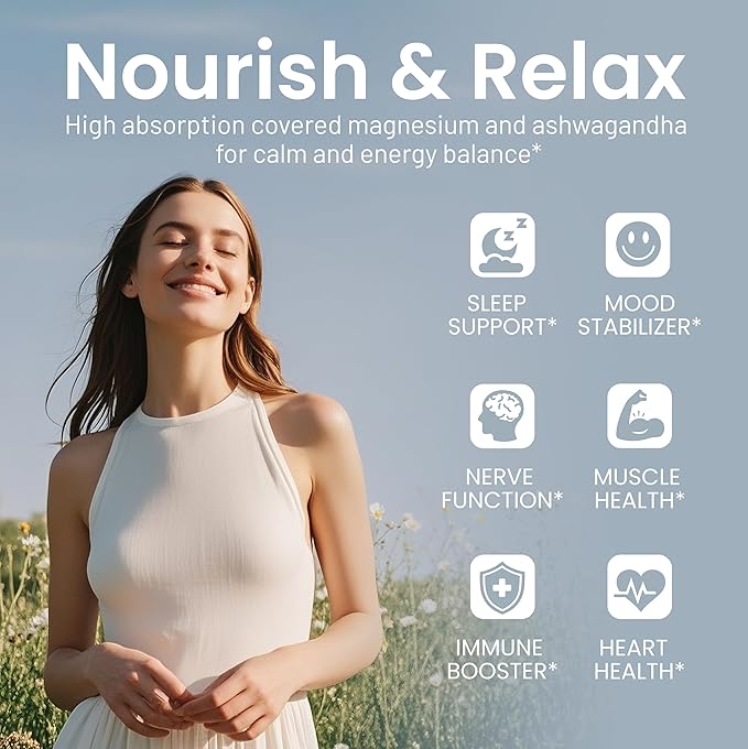 Magnesium Ashwagandha Complex | High-Absorption Multi Magnesium for Stress Sleep Muscle &amp Heart Health | Vegan Non-GMO Gluten-Free Made in USA 90 Capsules